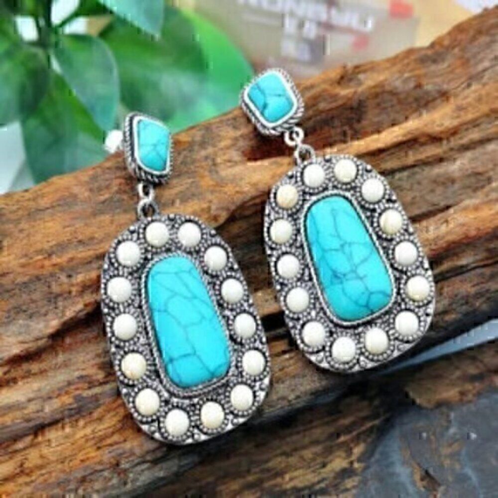 Ancient Silver Turquoise Earrings Exaggerated Boho Drop Earrings